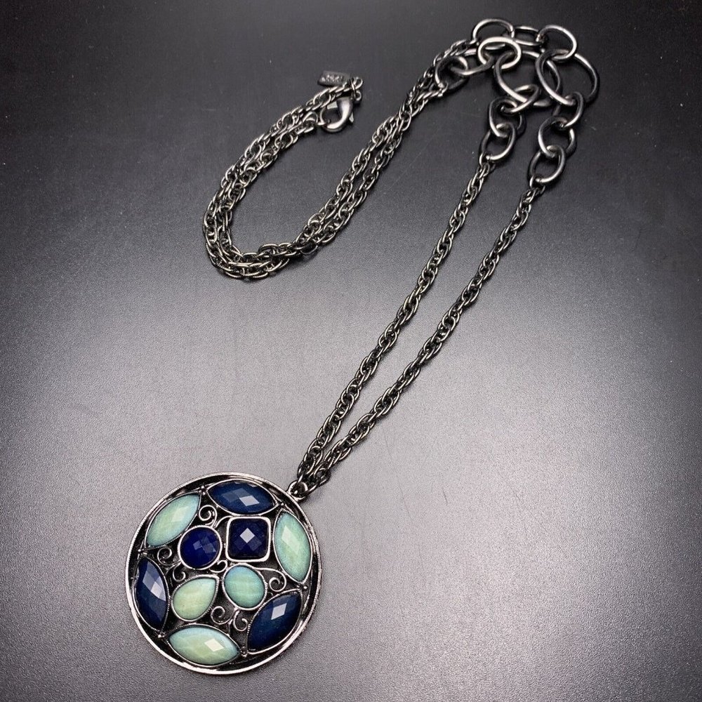 1928 Long Gunmetal Pendant Necklace Round Open Work Green Blue